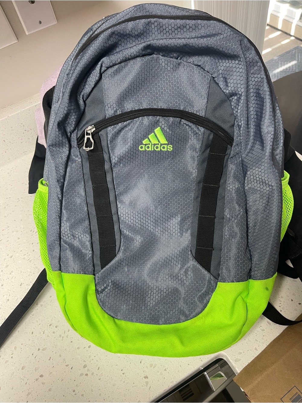 adidas Men's Gray Backpack with Neon Green Accents